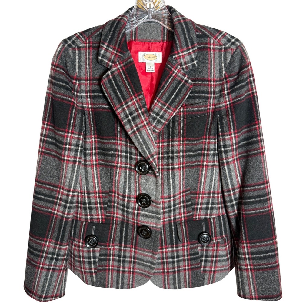 Talbots Plaid Blazer Women 8 Red Grey Wool Blend Three Button Classic Career